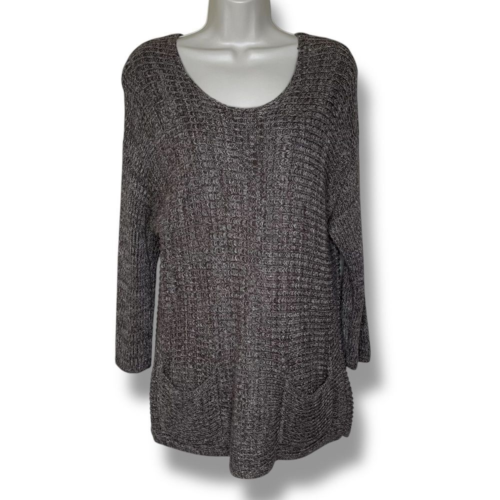 Chicos Brown Marled Sweater Scoop Neck Drop Shoulder Hip Pockets Women Medium